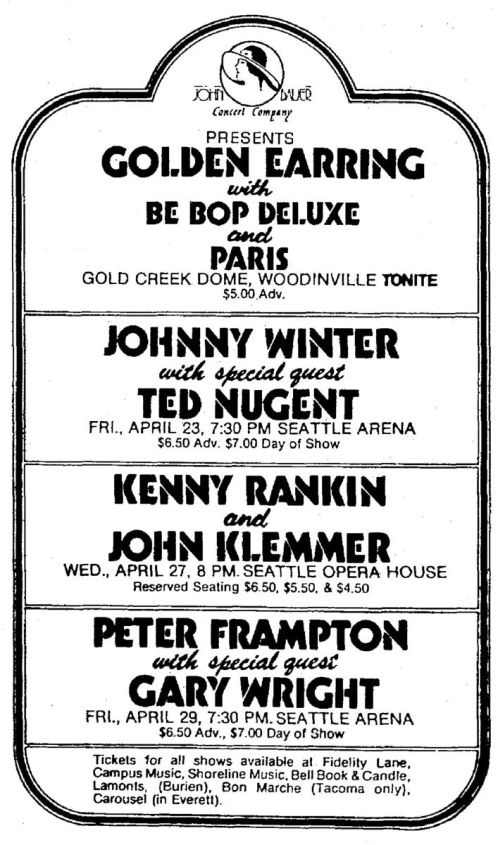 Golden Earring show ad April 02 1976 Woodinville, Washington